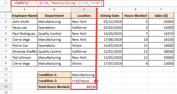 SUMIFS formula to calculate total hours worked