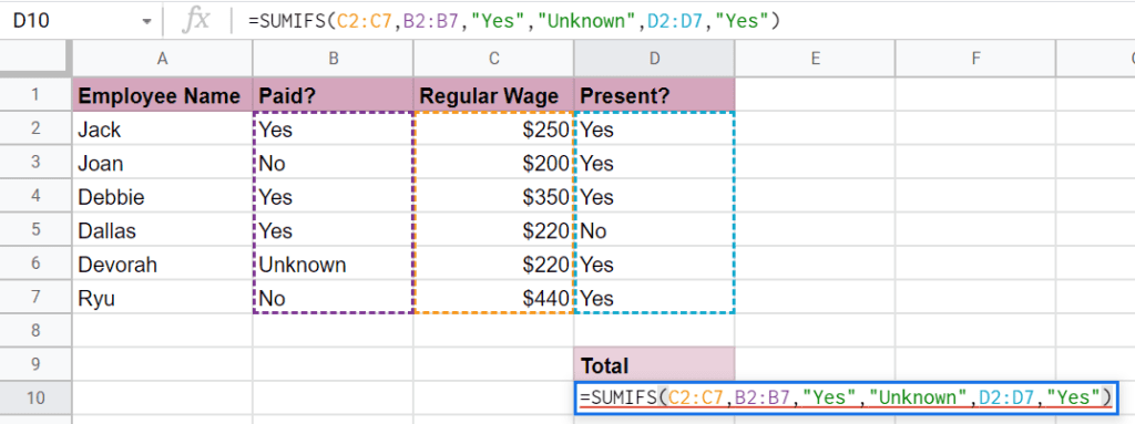 An example of a faulty SUMIFS formula