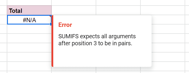 An error box for a wrong SUMIFS formula