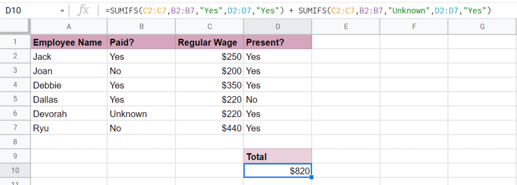 A screenshot showing the final result for addisng two SUMIFS functions together