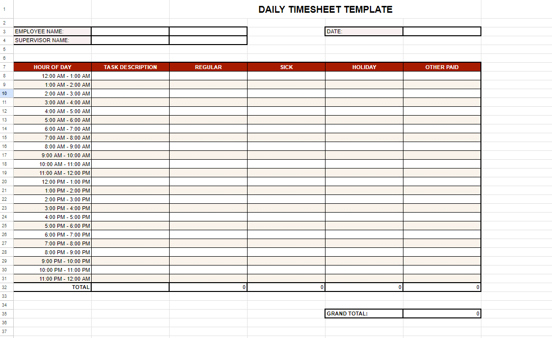 Daily timesheet template for Google Sheets