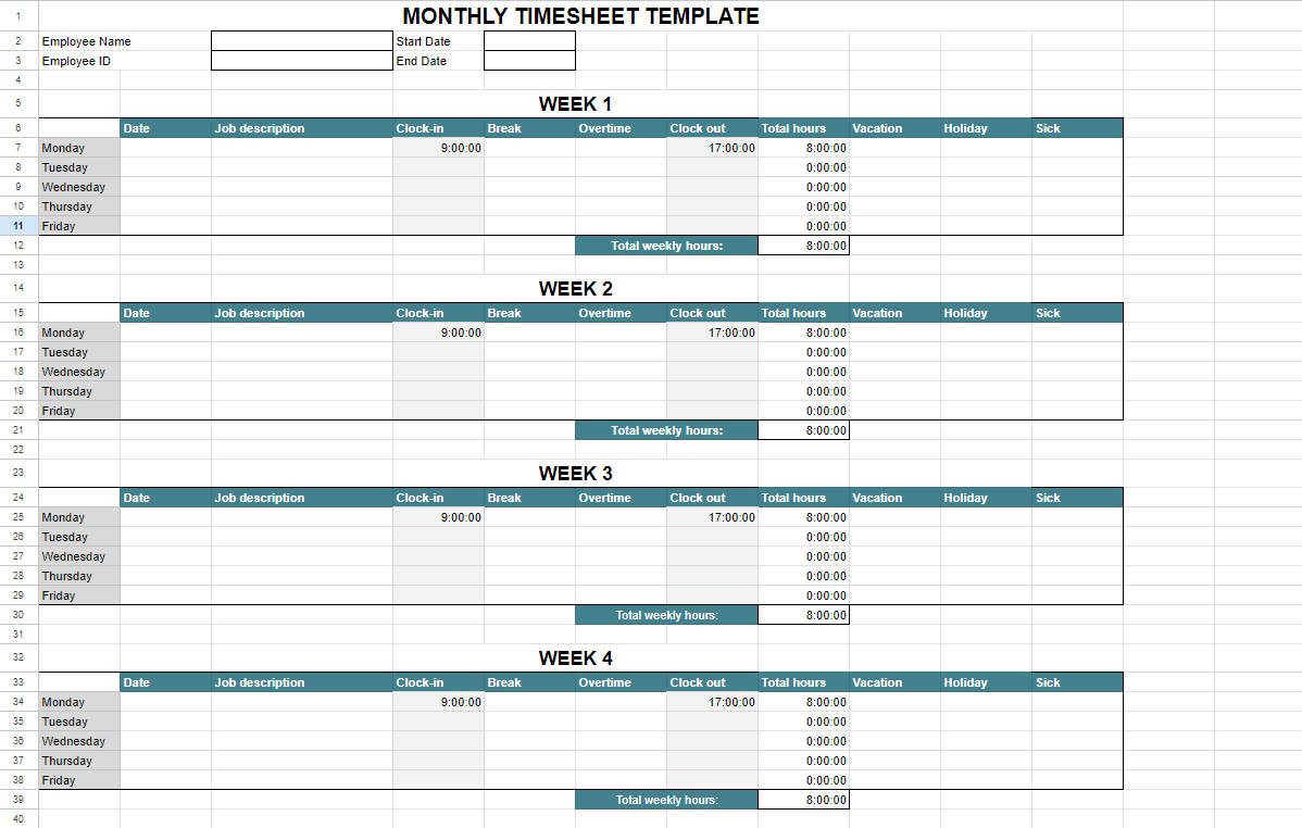 Monthly timesheet template for Google Sheets