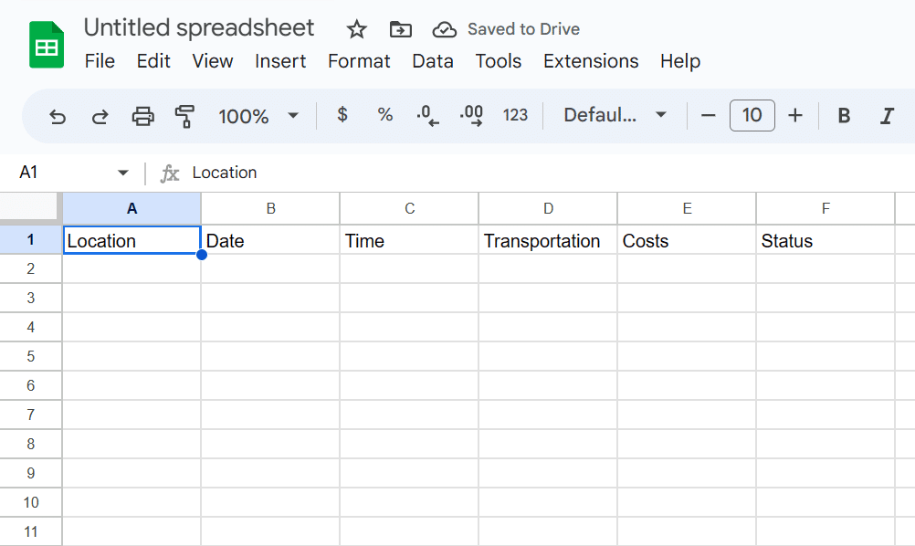 Adding column headers in Google Sheets