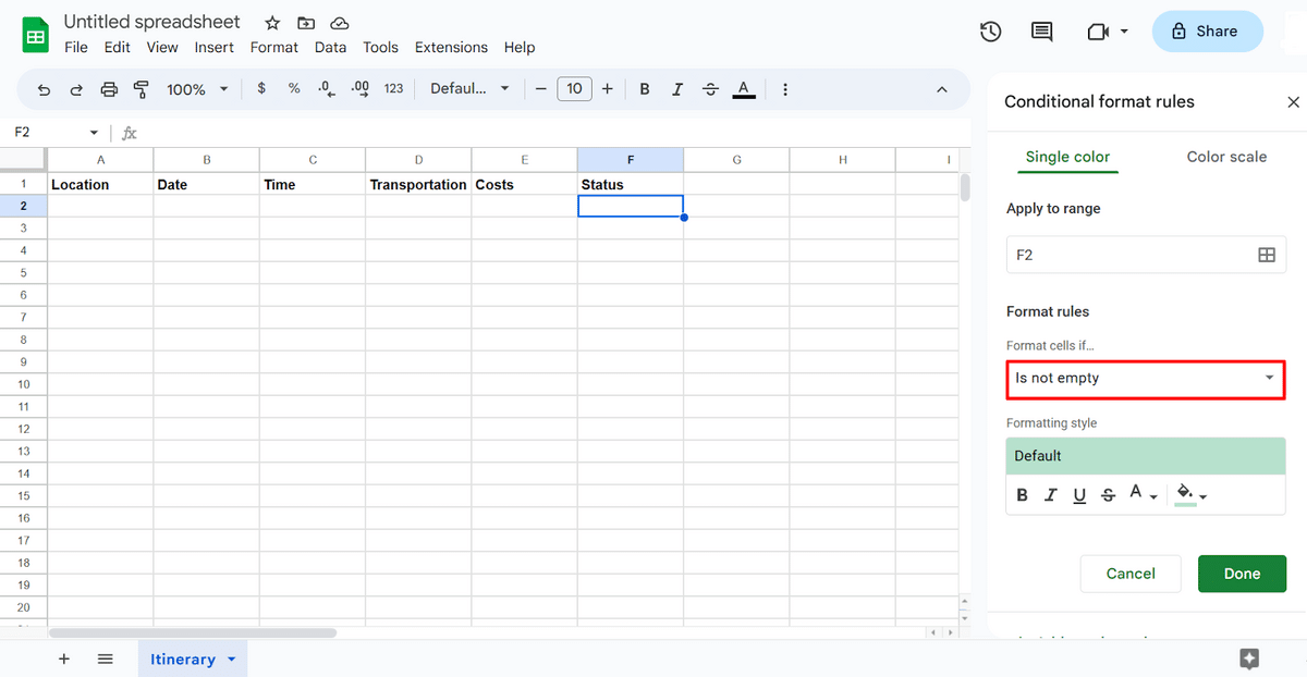 Conditional formatting in Google Sheets