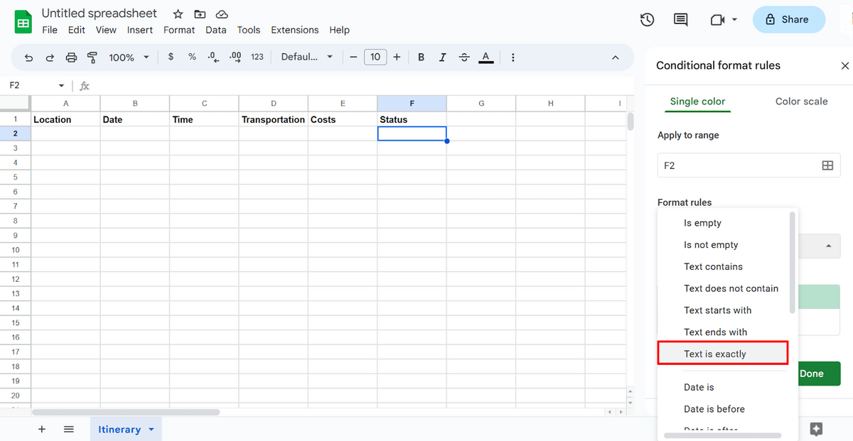 Changing conditional formatting rules in Google Sheets