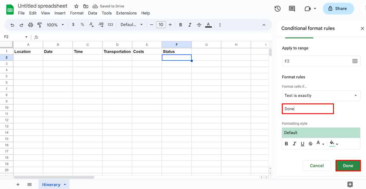 Adding conditional formatting rules in Google Sheets