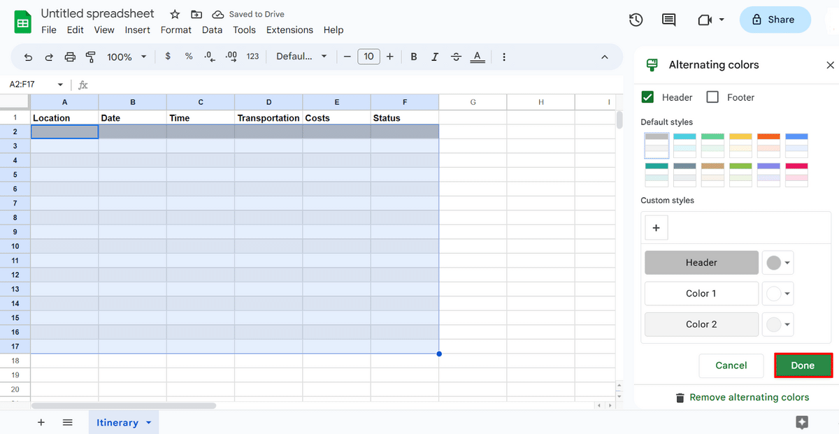 Selecting alternating color styles in Google Sheets