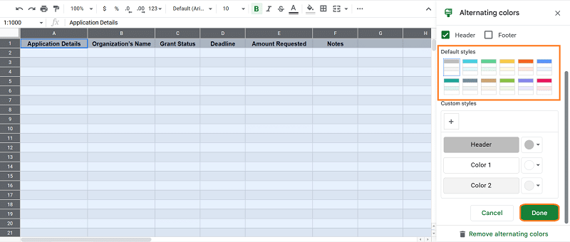 Using alternating colors in Google Sheets