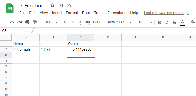 Pi function in google sheets