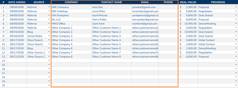 Google Sheets CRM categories for client details and affiliation.