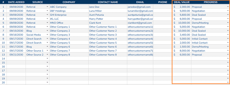 Google Sheets CRM categories for deal size and sales progress.