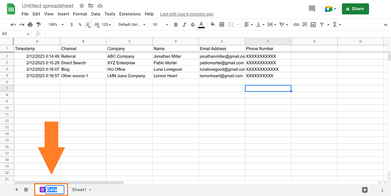 Google Sheets CRM renaming sheet tab.