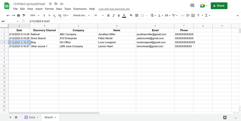 Google Sheets CRM showing the entered customer information.