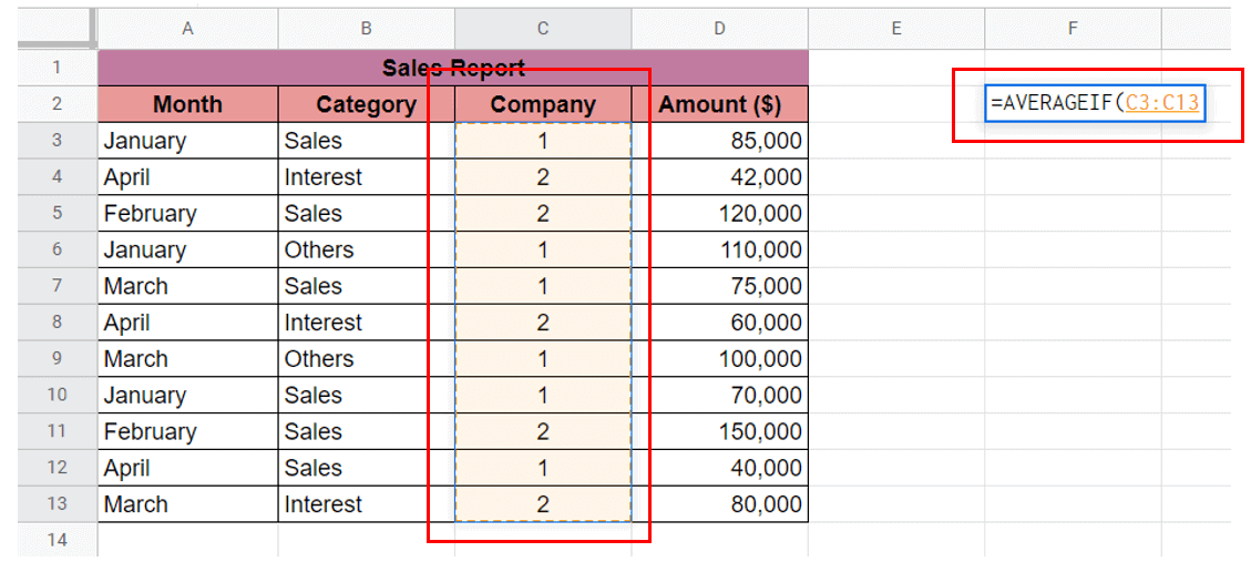 2. Highlight the data under “Company”, cells C3 to C13.