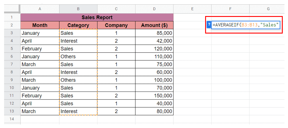 =AVERAGEIF(B3:B13,“Sales”