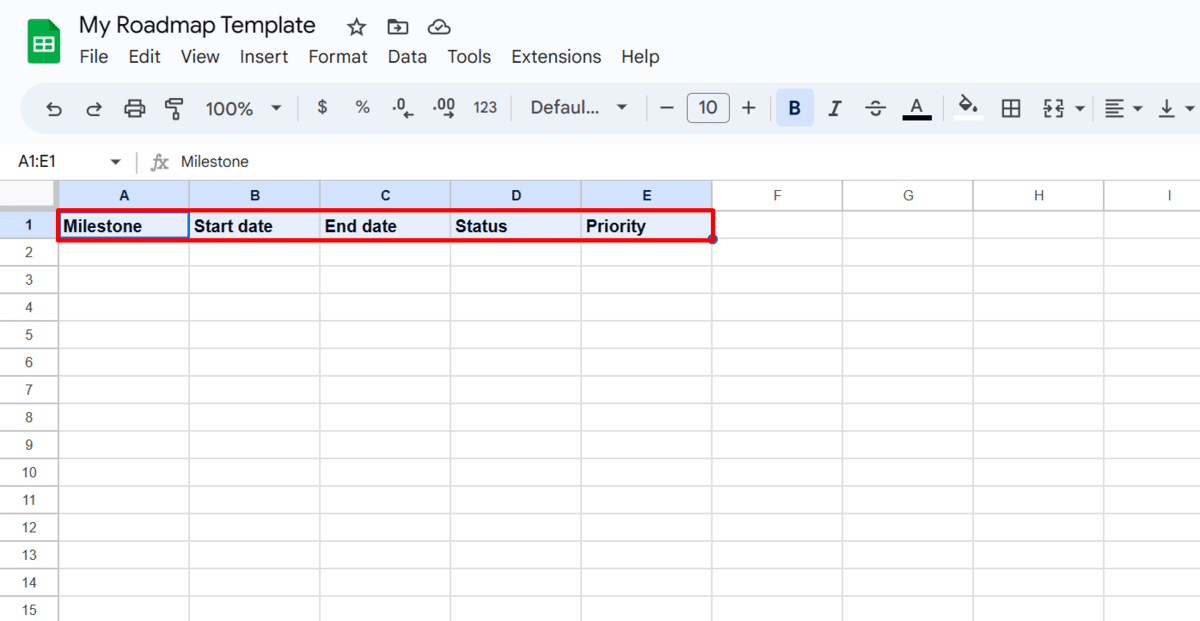 Creating column headers for a Google Sheets roadmap template