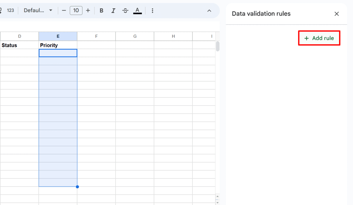 Adding a data validation rule in Google Sheets