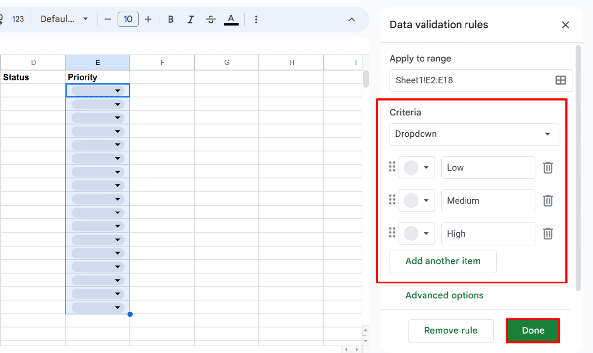 Adding dropdown options in Google Sheets