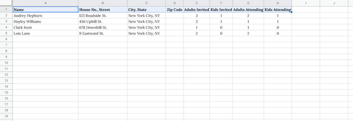 make several columns for wedding guest details