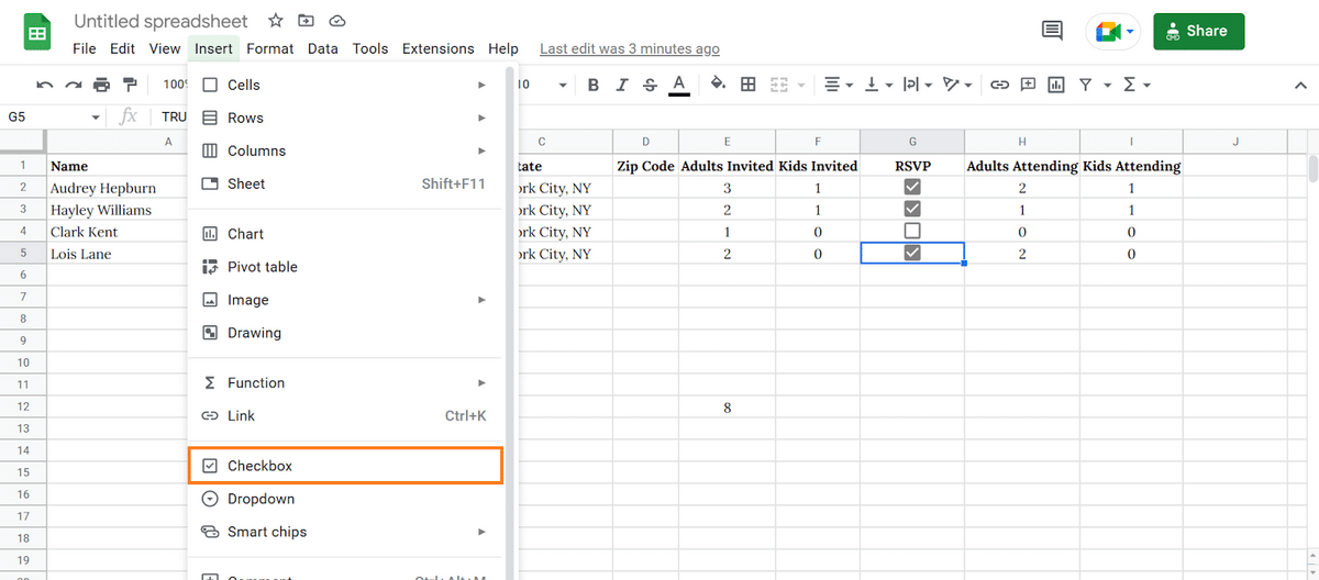 inserting checkboxes on google sheets