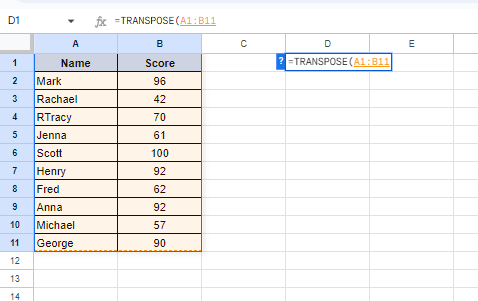 After the opening brackets, select the range you want to transpose.