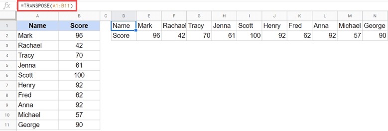 Transpose data using the function in Google Sheets