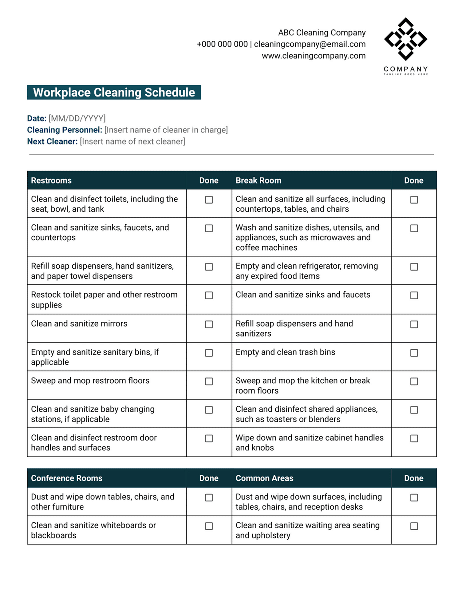 Workplace Cleaning Checklist Template screenshot