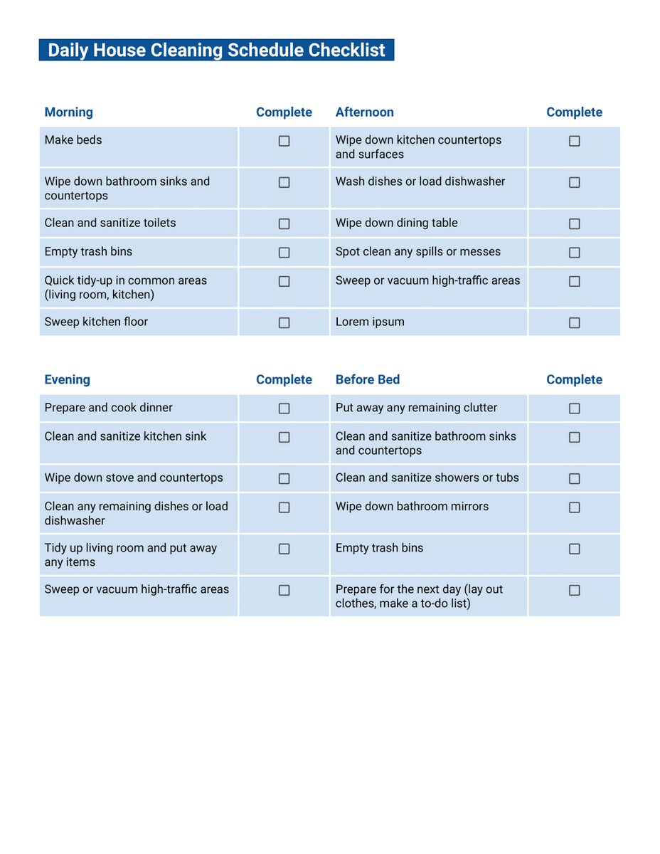 Daily House Cleaning Schedule Checklist screenshot