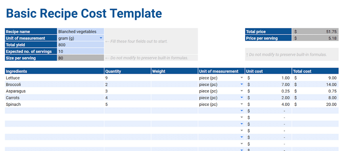 Recipe cost template—screenshot of basic recipe cost template