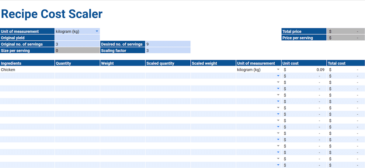 Screenshot of recipe cost scaler template