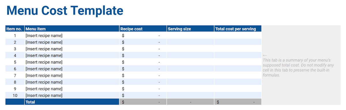 Screenshot of menu cost template