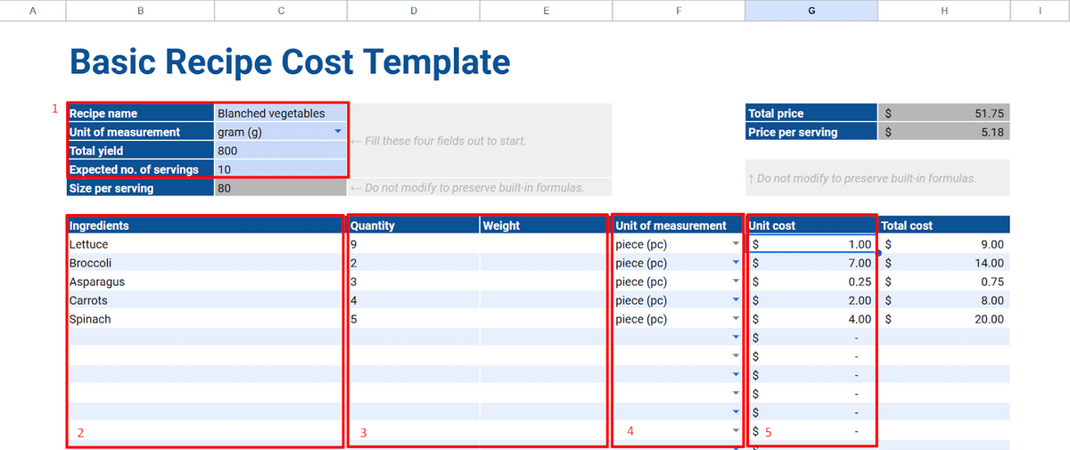 Basic recipe cost template screenshot