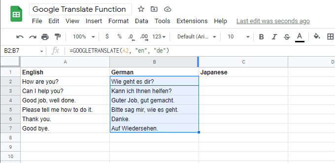 Google Translate Function in Google Sheets