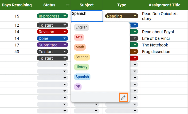 Assignment tracking template—drop-down list pen icon