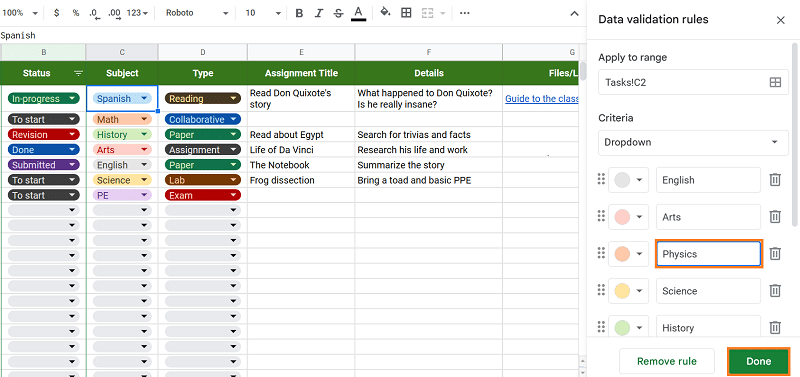 Assignment tracking template—data validation on Google Sheets