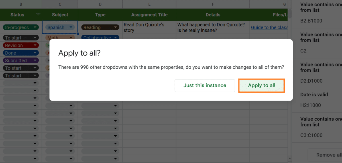 Assignment tracking template—apply data validation to all