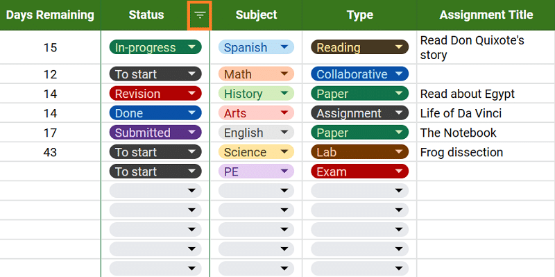 Assignment tracking template—filter icon on Google Sheets