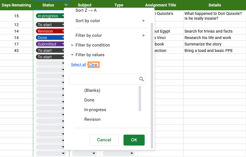 Assignment tracking template—clearing filter values on Google Sheets