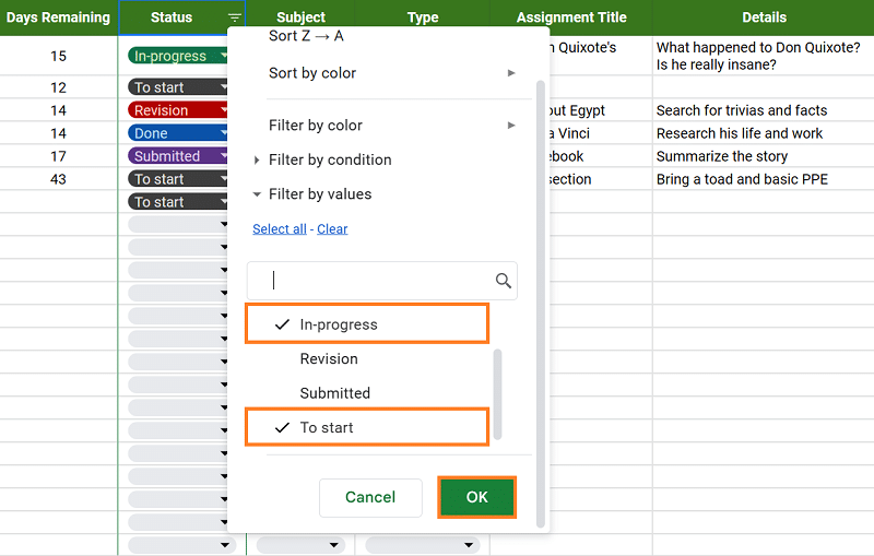 Assignment tracking template—change filter value on Google Sheets