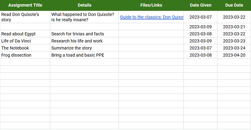 Assignment tracking template—assignment details tracker