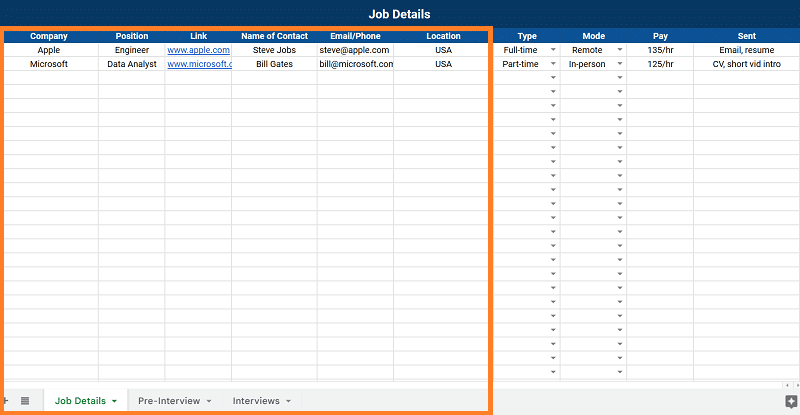 Job details tab in tracker spreadsheet