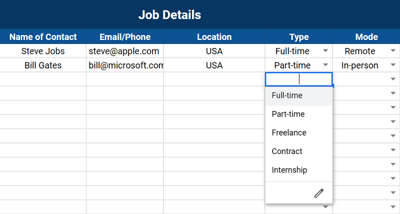 Job type selection dropdown in job tracker spreadsheet