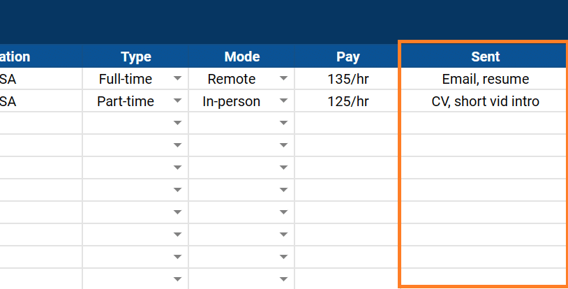 Pre-interview tab in job tracker spreadsheet