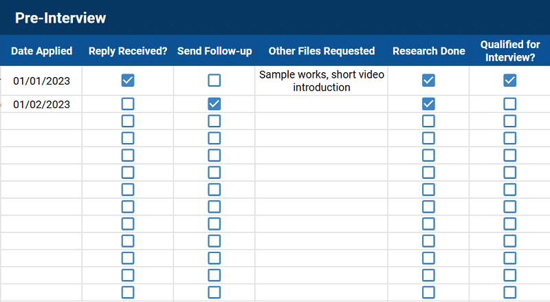 Follow-up section under pre-interview job tracking sheet