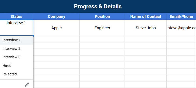 Interview application status on job tracker spreadsheet