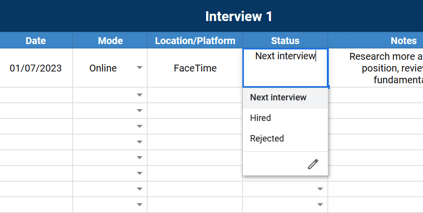 Interview status column in job tracking spreadsheet