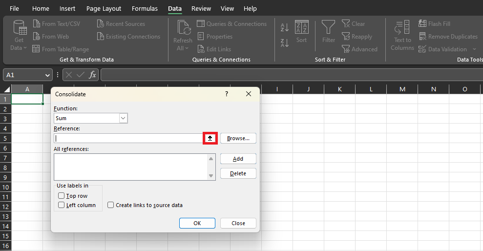 The Excel consolidate menu