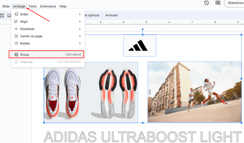 Group in Google Slides using the Arrange tab in the toolbar