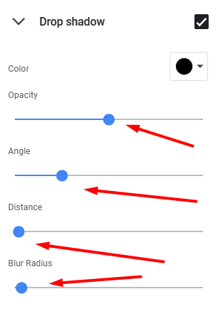 Drop shadow slider settings in Format options pane