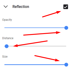 Reflection slider settings in Format options pane